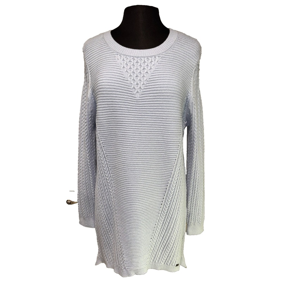 Cable Knit Tunic Sweater by Picadilly Canada Size M Light Blue Asymmetrical NWT